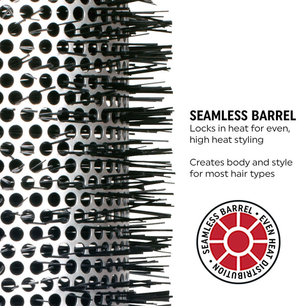 Black Round brush head Technique Thermal Hairbrush with black bristles and black handle on white background