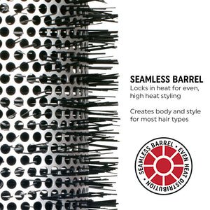 Black Round brush head Technique Thermal Hairbrush with black bristles and black handle on white background