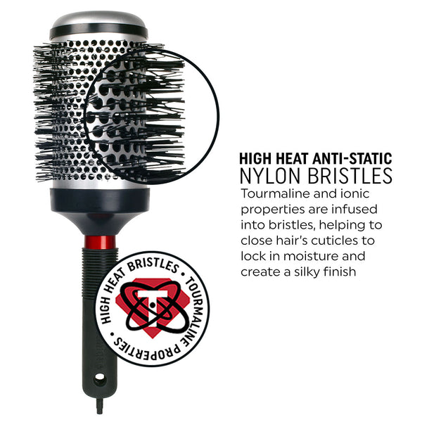 Black Round brush head Technique Thermal Hairbrush with black bristles and black handle on white background