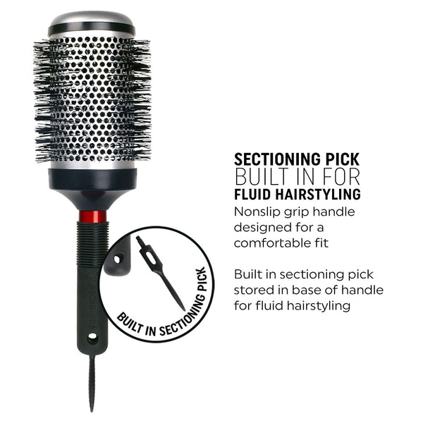 Black Round brush head Technique Thermal Hairbrush with black bristles and black handle on white background