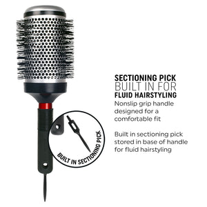 Black Round brush head Technique Thermal Hairbrush with black bristles and black handle on white background