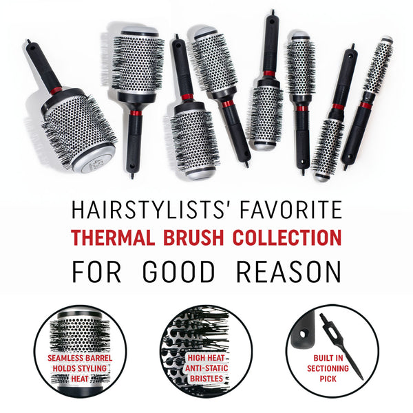 technique thermal group image with "hairstylists favorite thermal brush collection for a good reason" on a white background