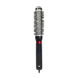 Hair styling brush with round bristle head and black handle on a white background
