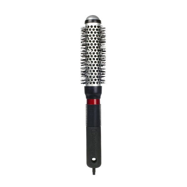 Hair styling brush with round bristle head and black handle on a white background