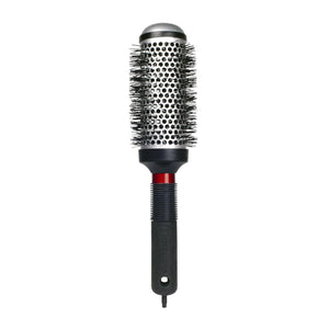 Round hairbrush with bristle head and black handle on a white background