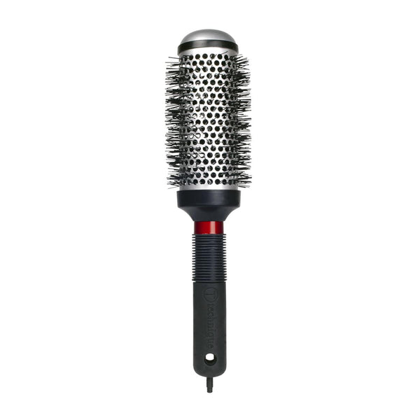 Round hairbrush with bristle head and black handle on a white background