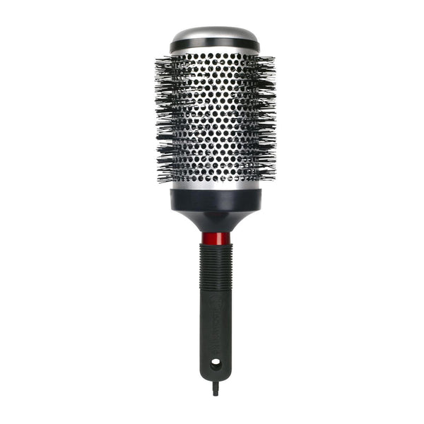 Black Round brush head Technique Thermal Hairbrush with black bristles and black handle on white background